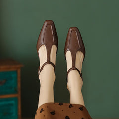 T strap Detail Mary Jane Slingback Sandals Block Heel Square Toe