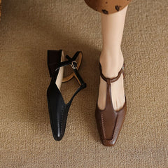 T strap Detail Mary Jane Slingback Sandals Block Heel Square Toe