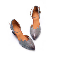 Retro Style Embroidery Pointed-Toe Mary Jane Pumps Coffee/Grey
