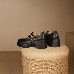 Double T Strap Mary Jane Shoes Round Toe 70mm Block Heel