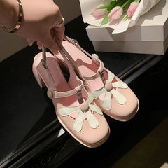 T strap Flower Detail Mary Jane Slingback Sandals Block Heel Square Toe