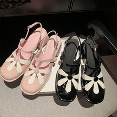 T strap Flower Detail Mary Jane Slingback Sandals Block Heel Square Toe
