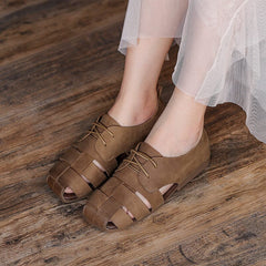 Retro Woven Shoes Soft Bottom Lace Up Sandals Brown