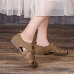Retro Woven Shoes Soft Bottom Lace Up Sandals Brown