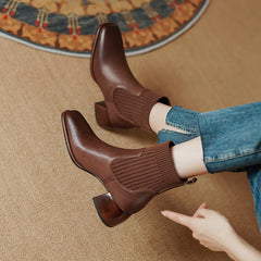 Botas Chelsea clásicas y elegantes, botas elásticas de tacón medio y punta cuadrada, botas tipo calcetín, marrón/negro