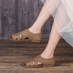 Retro Woven Shoes Soft Bottom Lace Up Sandals Brown