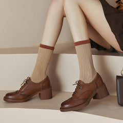 Round Toe Lace Up Chunky Brogue Shoes 65mm Block Heel