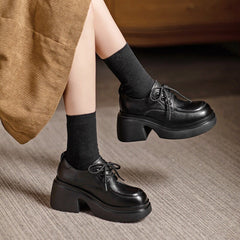 Round Toe 70mm Block Heel Oxford Shoes Retro Lace Up Shoes Black/Brown