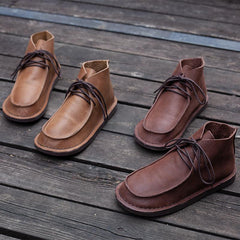 Echte weiche flache Retro-Stiefel mit runder Zehenpartie und Schnürung im Mori-Girl-Stil, weite Passform, Kamel/Kaffee