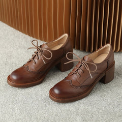 Round Toe Lace Up Chunky Brogue Shoes 65mm Block Heel