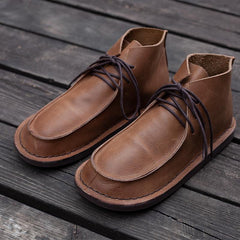 Echte weiche flache Retro-Stiefel mit runder Zehenpartie und Schnürung im Mori-Girl-Stil, weite Passform, Kamel/Kaffee