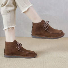 Echte weiche flache Stiefel mit runder Zehenpartie und Schnürung im Mori Girl-Stil, weite Passform, Grau/Kaffee