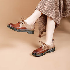 Women's Genuine Lace Up Oxford Shoes Retro Color Blocking Style