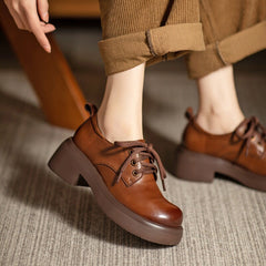 Round Toe Block Heel Oxford Shoes Retro Lace Up Shoes Black/Brown