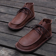 Echte weiche flache Retro-Stiefel mit runder Zehenpartie und Schnürung im Mori-Girl-Stil, weite Passform, Kamel/Kaffee