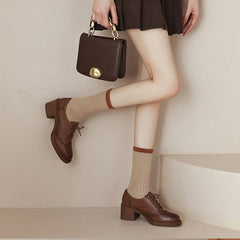 Round Toe Lace Up Chunky Brogue Shoes 65mm Block Heel