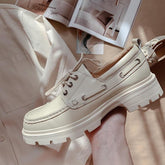 Platform Shoes Genuine Cow Round Toe Sewing Lace-Up Flats Chunky Sole Ladies Handmade