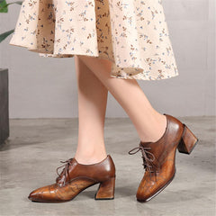 Botines de tacón cuadrado con cordones y tacón de bloque hechos a mano, color café/gris