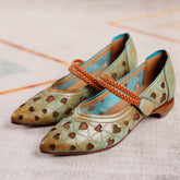 Chunky Pumps Full Grain Comfy High Heel Shoes Flower Decorated Grey/Green