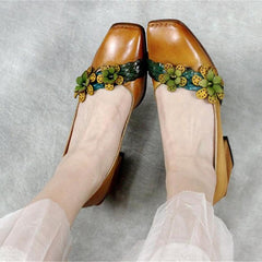 Zapatos de tacón grueso con plataforma y flores, hechos a mano, con punta cuadrada