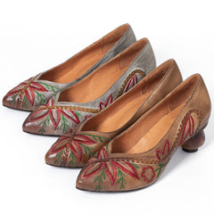 Handgemachte echte Retro-Pumps mit spitzer Spitze und Blockabsatz, Schlupfschuhe fürs Büro mit Stickerei
