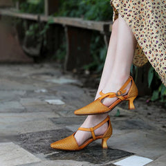 Gewebte Pumps für Damen, Sandalen mit spitzer Spitze und Kitten Heels