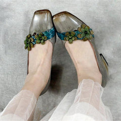 Zapatos de tacón grueso con plataforma y flores, hechos a mano, con punta cuadrada