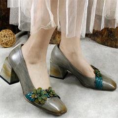 Zapatos de tacón grueso con plataforma y flores, hechos a mano, con punta cuadrada