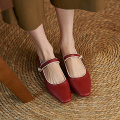 Handgemachte echte Retro Square Toe Heels Mary Jane Pumps Schuhe Block Heels Büro Schuhe Rot/Beige/Schwarz neu/Schwarz