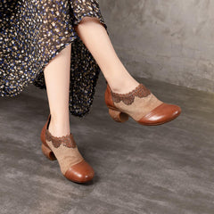 Bequeme Leder Pumps Crave Muster Ankle Schuhe Plateau Halbschuhe Gelbbraun/Schwarz