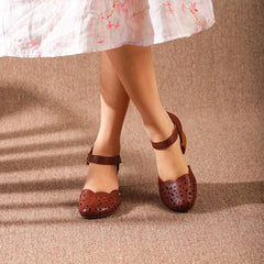 Handgemachte echte Pumps Plateau Sandalen mit runder Spitze und Absatz Aprikose/Kaffee