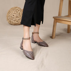 Handgemachte flache Sandalen, echte ausgehöhlte spitze Zehen, Schnallenriemen, Damen-Sommerschuhe