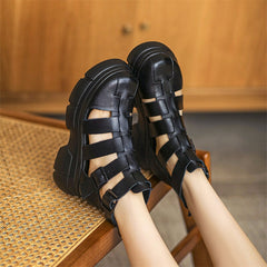 Chunky Platform Mary Jane Cowhide Comfy Flatforms for Daily Walk Brown/Black