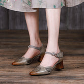 Handgemachte Pumps Mid Heel Mary Jane Sandalen Spitzzehe Retro Sandalen Grau/Kaffee