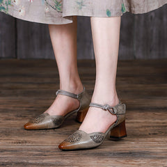 Handgemachte Pumps Mid Heel Mary Jane Sandalen Spitzzehe Retro Sandalen Grau/Kaffee