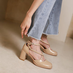 Handgemachte Pumps Mid Heel Mary Jane Sandalen Runde Zehen Retro Sandalen Schwarz/Grau/Apricot