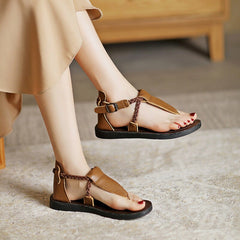 Cowhide Flat Sandals Ankle Strap Flip-flops