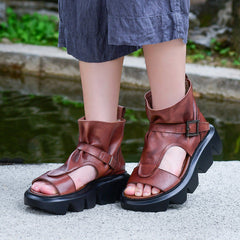 Genuine Platform Sandals Boots Peep Toe Buckle Sandals Side Zipper BlackNew/BrownNew/Black/Brown
