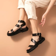Sandalen Schaffell Echtes Knöchelriemen Metallring Schnalle Dame Sommer Plateauschuhe