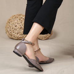 Handgemachte flache Sandalen, echte ausgehöhlte spitze Zehen, Schnallenriemen, Damen-Sommerschuhe