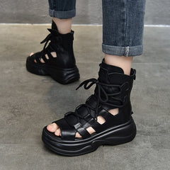 Genuine Chunky Sandals Lace Up Retro Peep Toe Gladiator Sandals