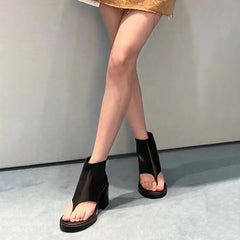 Block Heel Summer Boots Toe Post Thong Sandals Side Zipper Bootie