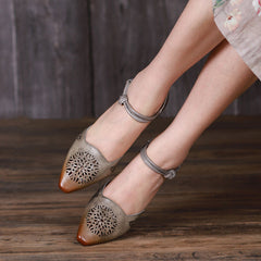 Handgemachte Pumps Mid Heel Mary Jane Sandalen Spitzzehe Retro Sandalen Grau/Kaffee