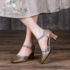 Handgemachte Pumps Mid Heel Mary Jane Sandalen Spitzzehe Retro Sandalen Grau/Kaffee