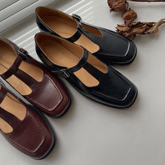 Handmade T-strap Mary Jane Square Toe Retro Sandals Black/Brown