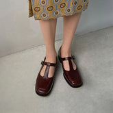 Handgemachte Mary Jane Retro-Sandalen mit T-Riemen und quadratischer Zehenpartie Schwarz/Braun