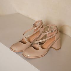 Handgemachte Pumps Mid Heel Mary Jane Sandalen Runde Zehen Retro Sandalen Schwarz/Grau/Apricot