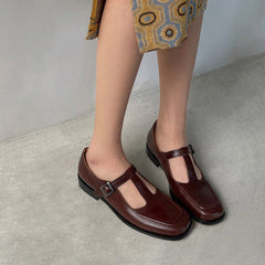 Handmade T-strap Mary Jane Square Toe Retro Sandals Black/Brown