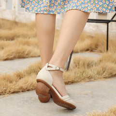 Handgemachte Pumps Mid Heel Mary Jane Sandalen Runde Zehen Retro Schnalle Sandalen Schwarz/Beige