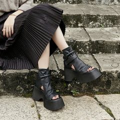 Genuine Chunky Sandals Peep Toe Gladiator Sandals Ankle Strap Summer Boots